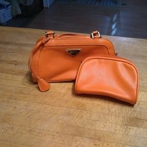H&B Orange Leather handbag and cosmetic bag